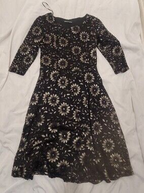 Black Floral Lace Fit-and-Flare Dress in Black and Gold